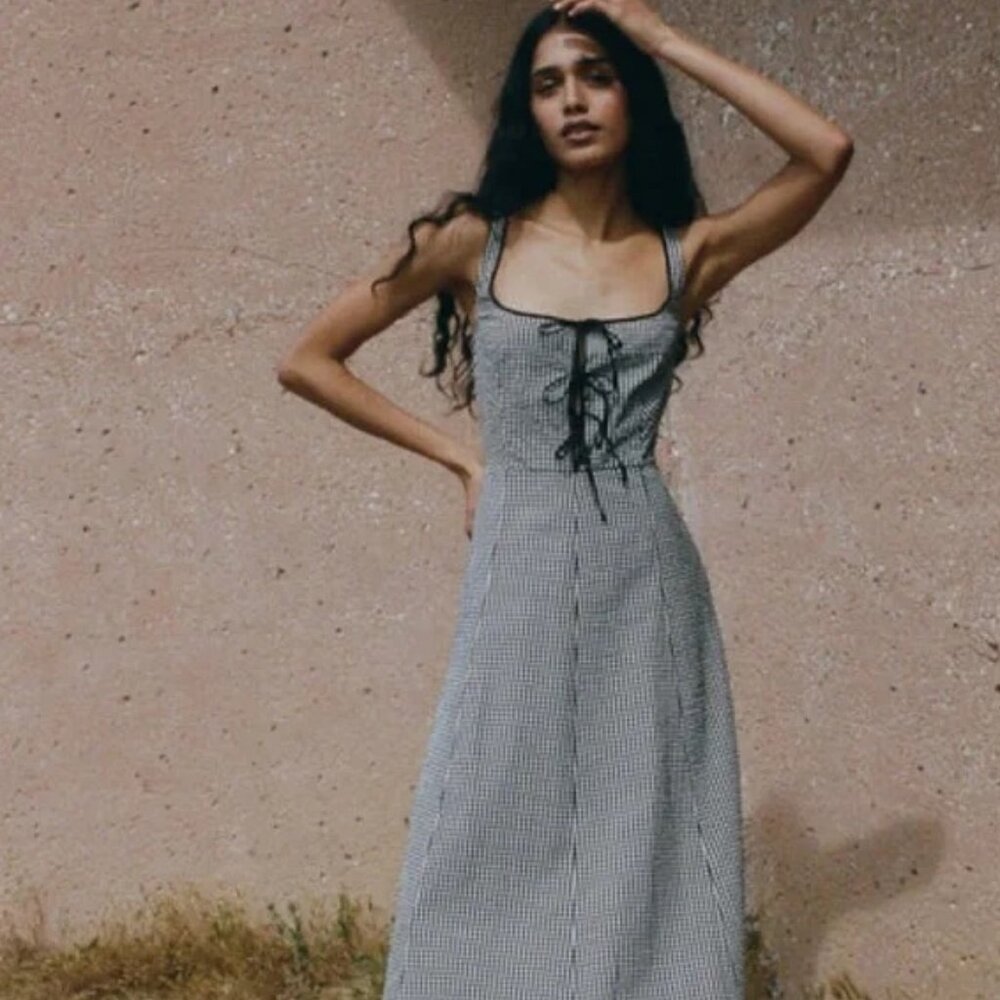 Doen Black-and-White Gingham Midi Dress with Lace-Up Bodice